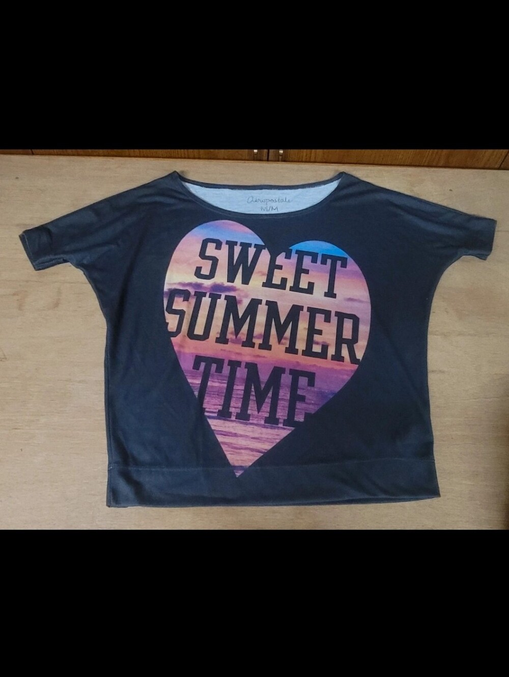 Aeropostale Black Tee with Sunset Heart Graphic